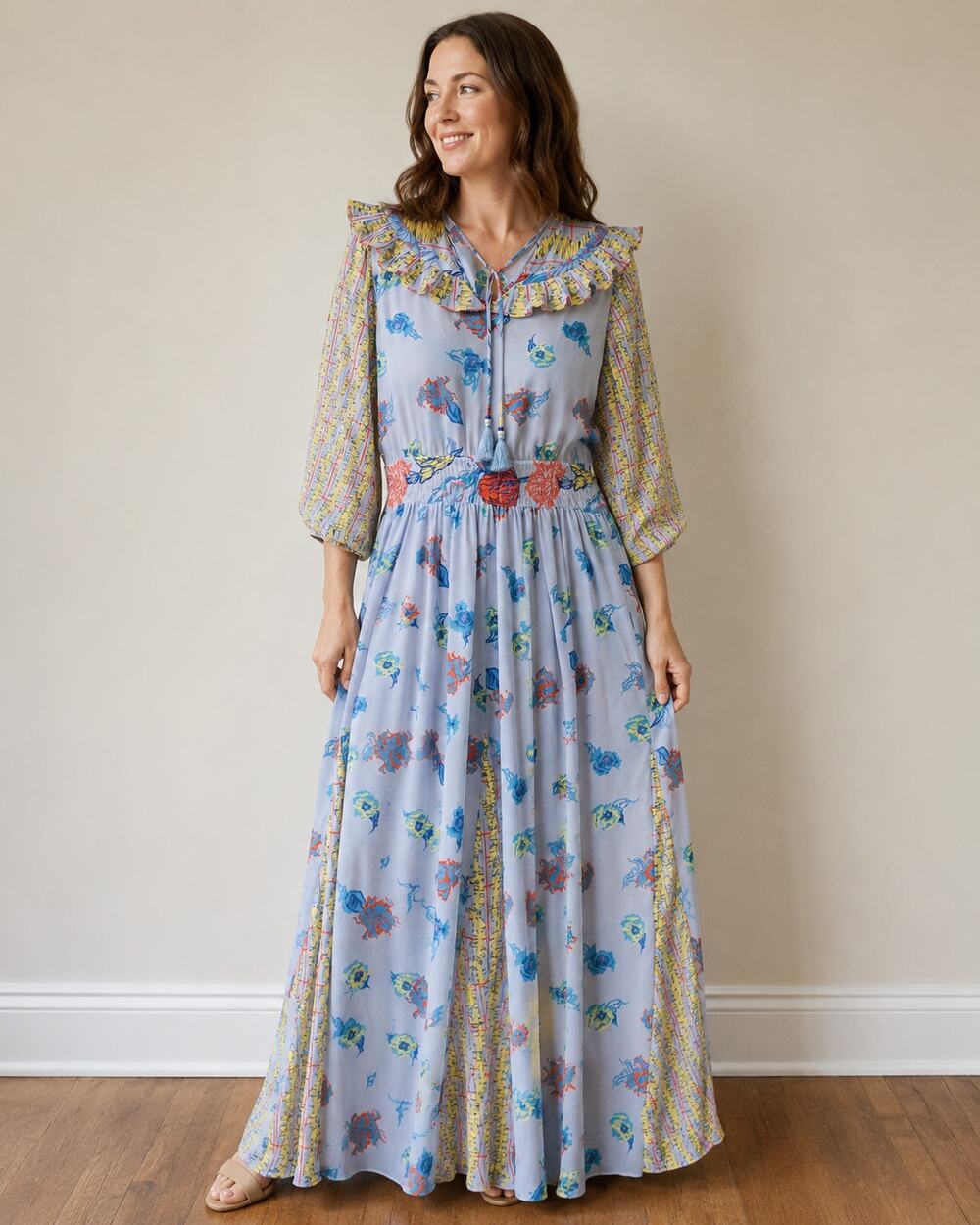 Vintage 1980s Diane Freis SIZE 10 Floral Georgette Ruffle Midi Dress